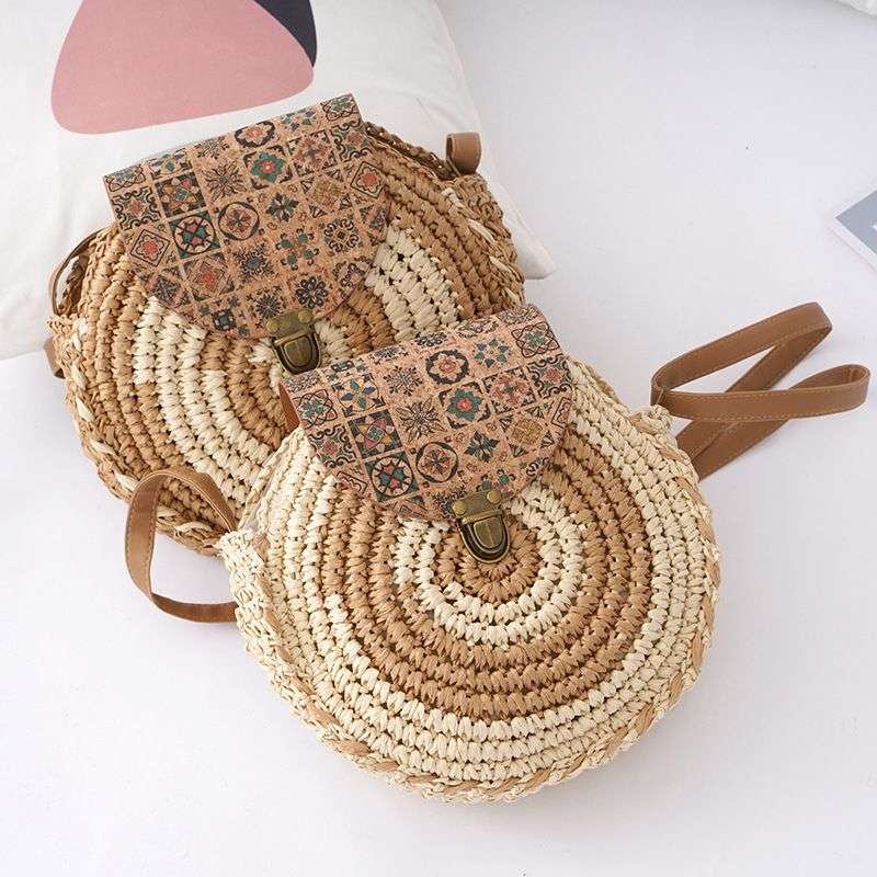 Tajade Handmade Papyrus Woven Round Beach Straw Bag