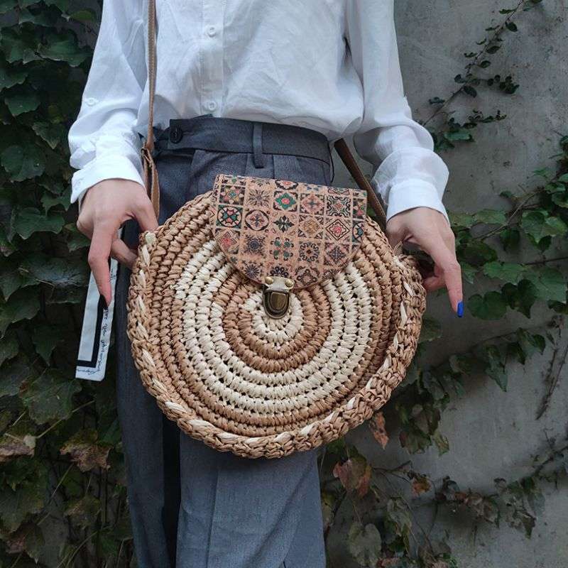 Tajade Handmade Papyrus Woven Round Beach Straw Bag