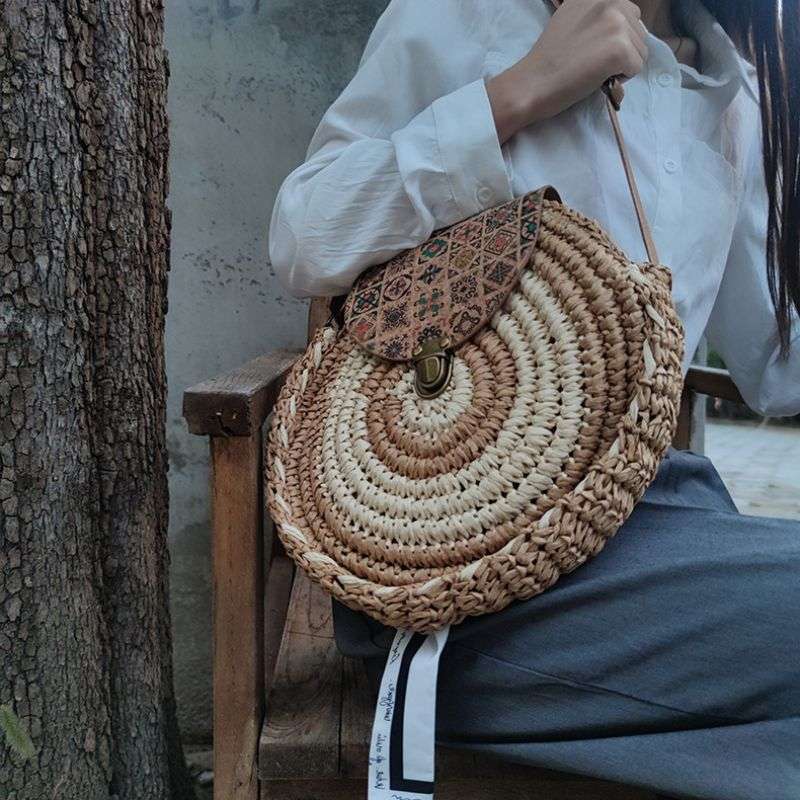 Tajade Handmade Papyrus Woven Round Beach Straw Bag