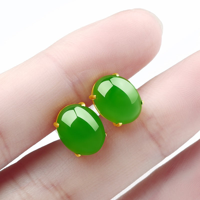 Hetian Jade 18k Gold Inlaid Jasper Green Stud Earrings-Tajade