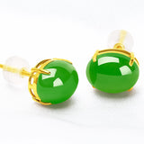 Hetian Jade 18k Gold Inlaid Jasper Green Stud Earrings-Tajade