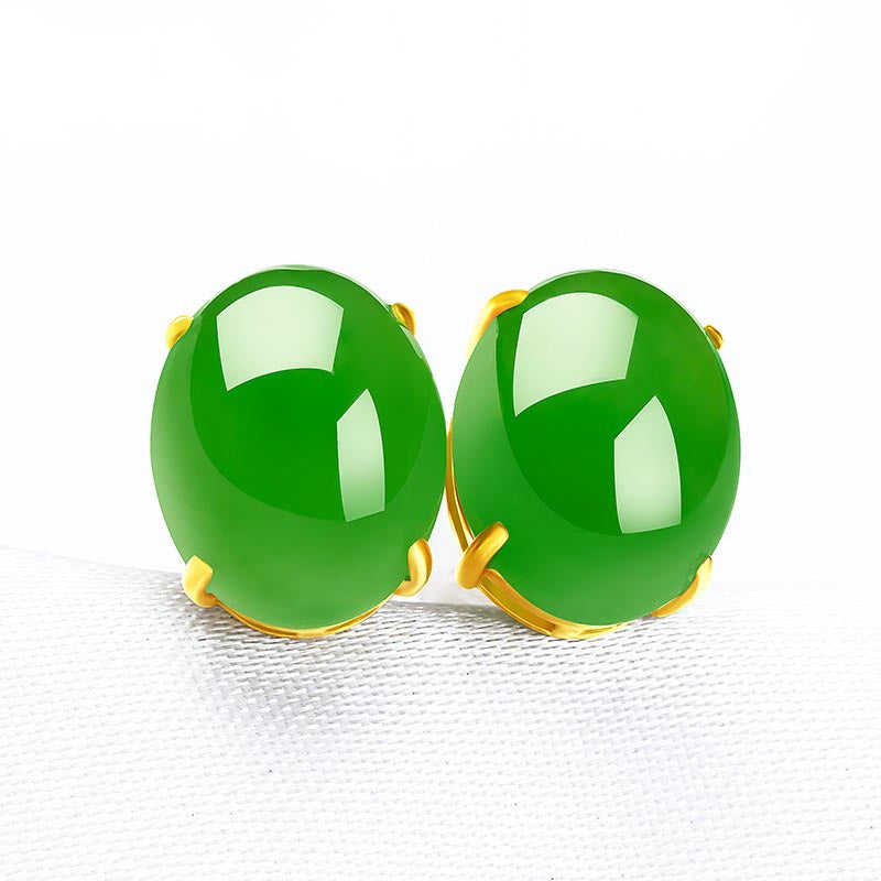 Hetian Jade 18k Gold Inlaid Jasper Green Stud Earrings-Tajade