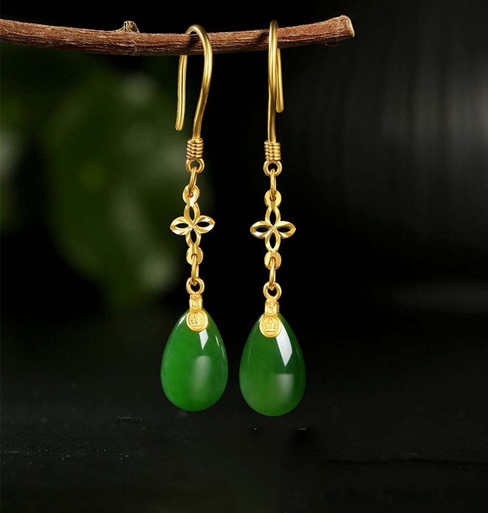 Hetian Jade Jasper Gold Four Leaf Clover Drop Earrings-Tajade