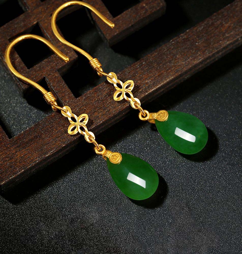 Hetian Jade Jasper Gold Four Leaf Clover Drop Earrings-Tajade