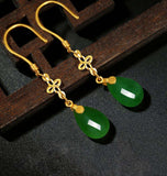 Hetian Jade Jasper Gold Four Leaf Clover Drop Earrings-Tajade