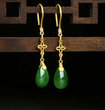 Hetian Jade Jasper Gold Four Leaf Clover Drop Earrings-Tajade