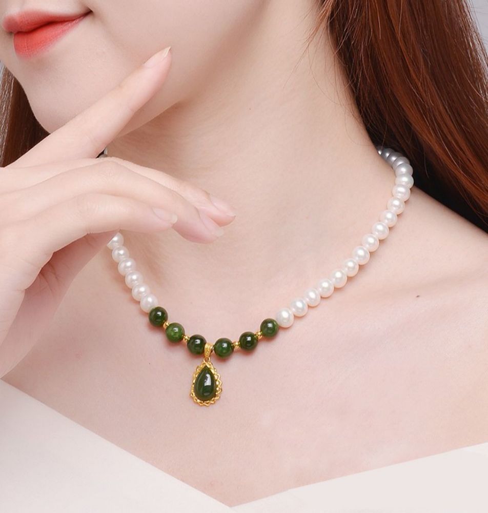 Pure Gold Jasper Pearl Waterdrop Necklace-Tajade