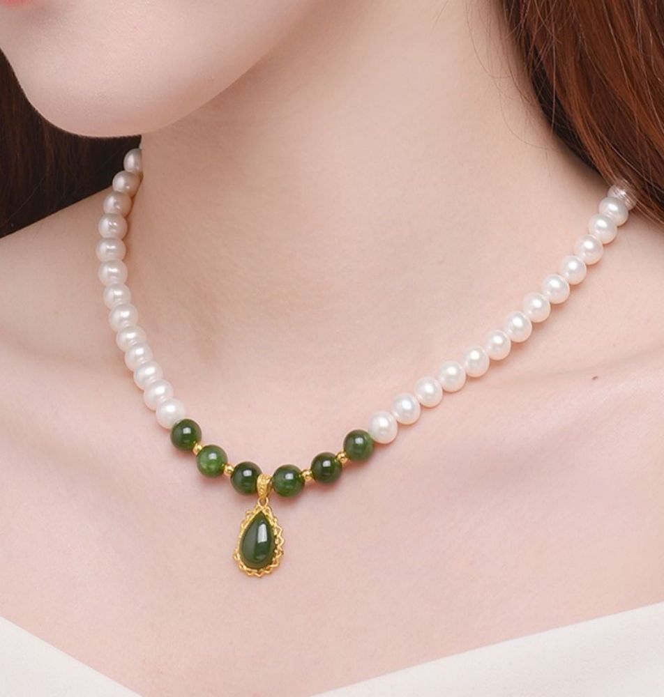 Pure Gold Jasper Pearl Waterdrop Necklace-Tajade
