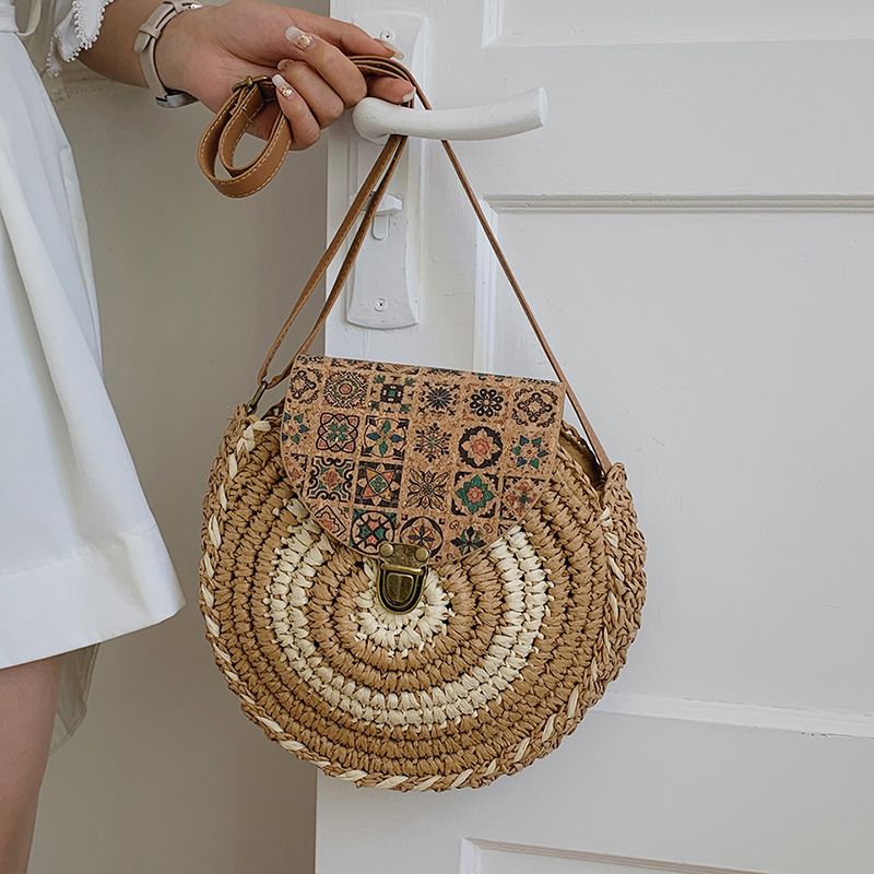 Tajade Handmade Papyrus Woven Round Beach Straw Bag