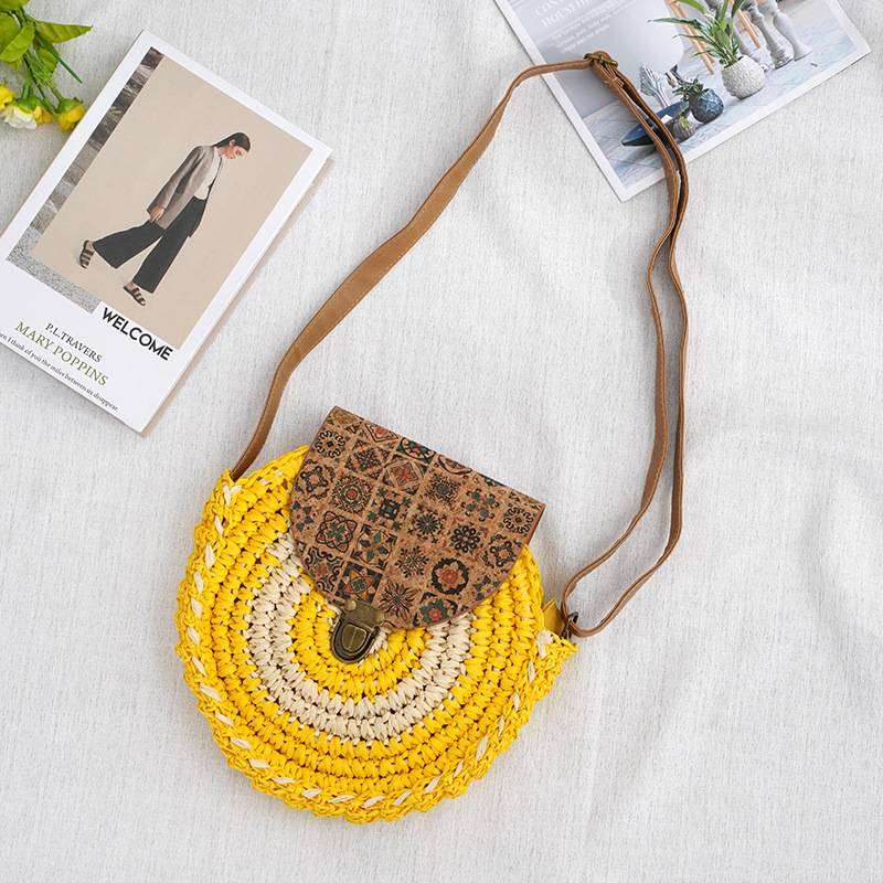 Tajade Handmade Papyrus Woven Round Beach Straw Bag