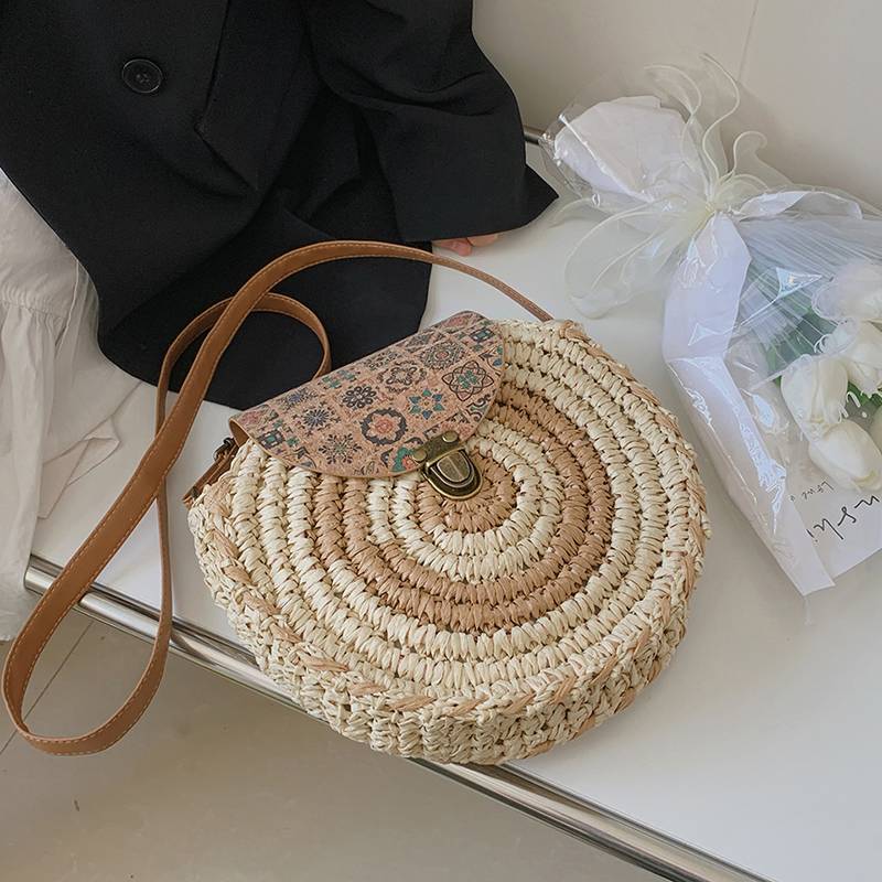 Tajade Handmade Papyrus Woven Round Beach Straw Bag