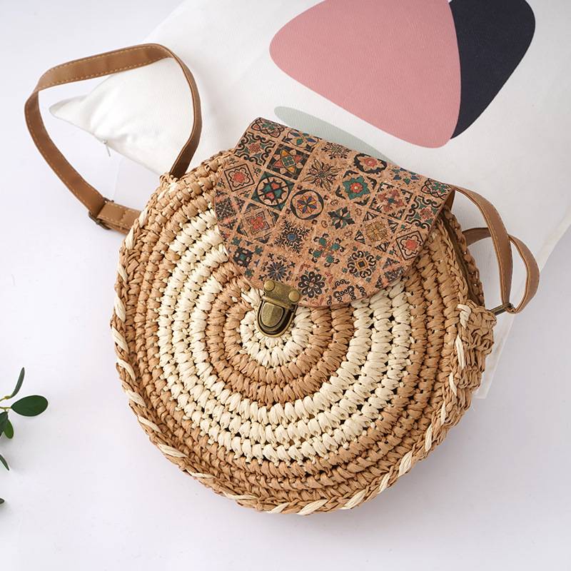 Tajade Handmade Papyrus Woven Round Beach Straw Bag