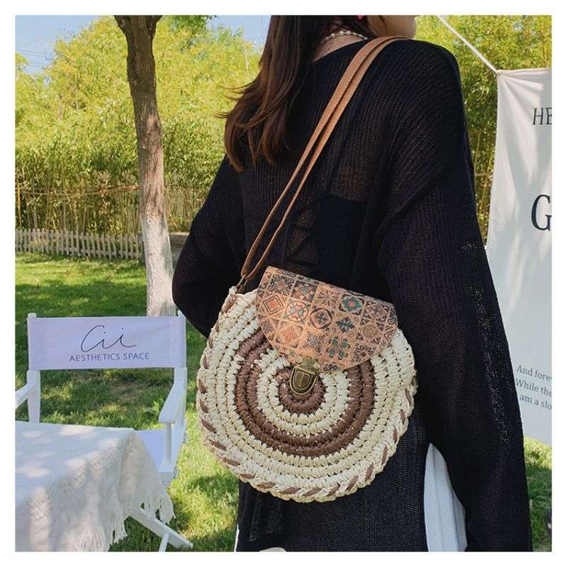 Tajade Handmade Papyrus Woven Round Beach Straw Bag
