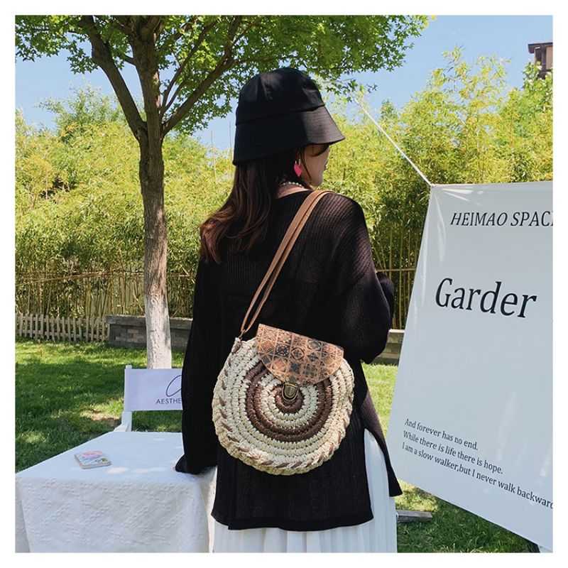 Tajade Handmade Papyrus Woven Round Beach Straw Bag