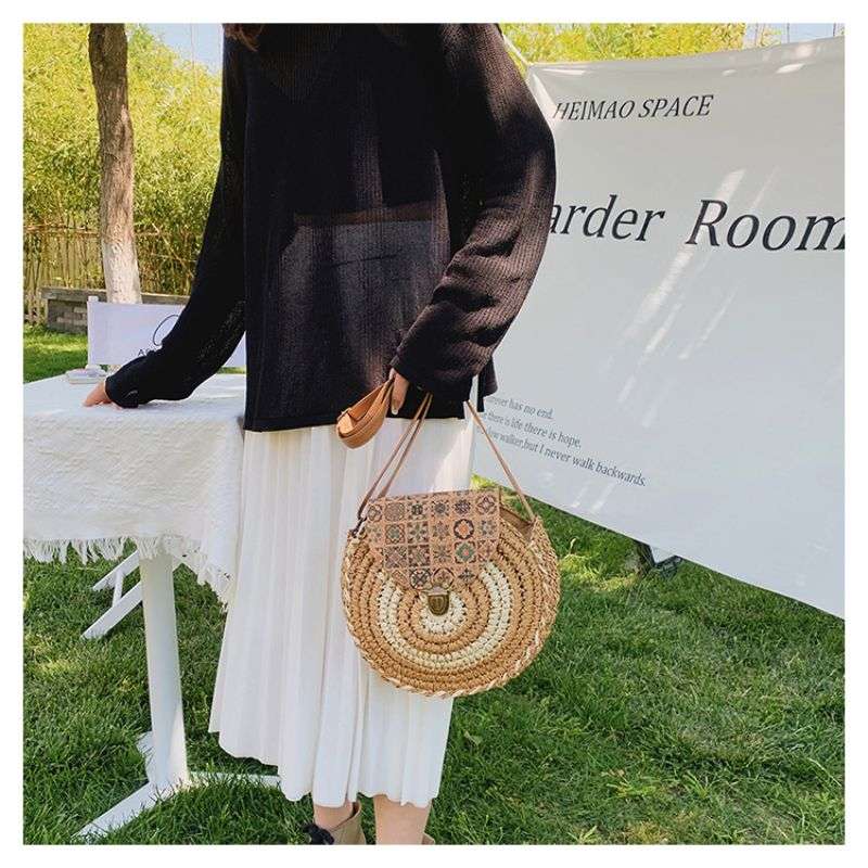 Tajade Handmade Papyrus Woven Round Beach Straw Bag