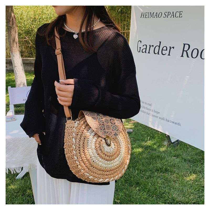 Tajade Handmade Papyrus Woven Round Beach Straw Bag