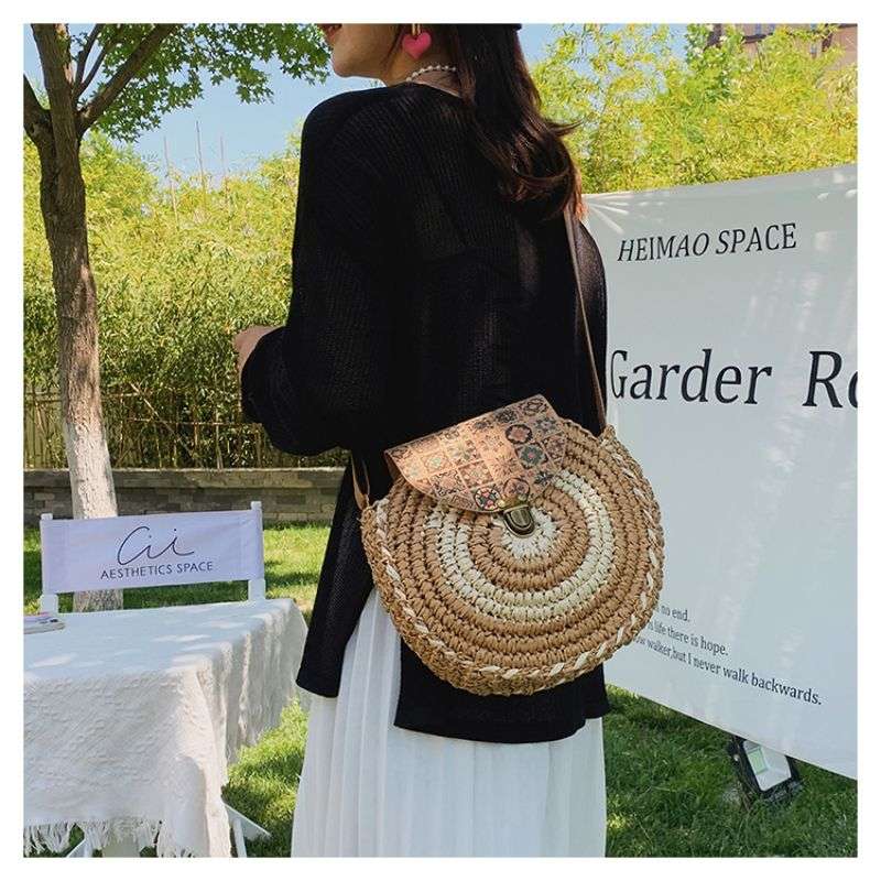 Tajade Handmade Papyrus Woven Round Beach Straw Bag