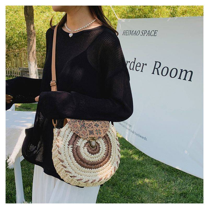 Tajade Handmade Papyrus Woven Round Beach Straw Bag