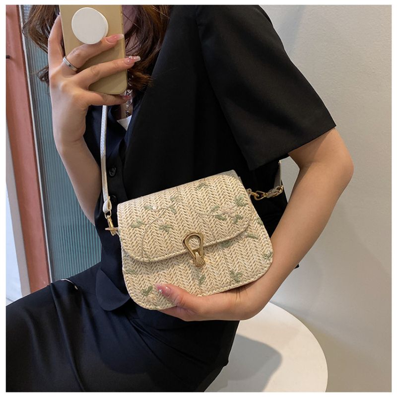 Tajade Lace Flower Woven Saddle Straw Bag