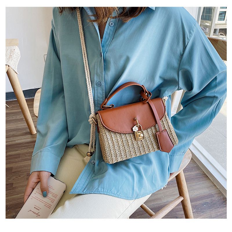 Tajade Messenger PU Leather Strap Hand Lock Chain Square Straw Bag