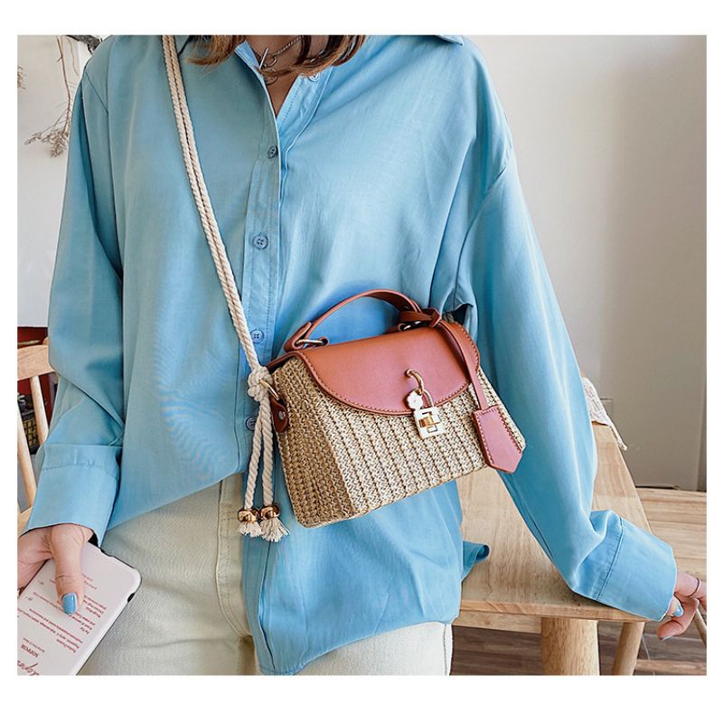Tajade Messenger PU Leather Strap Hand Lock Chain Square Straw Bag