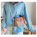 Tajade Messenger PU Leather Strap Hand Lock Chain Square Straw Bag