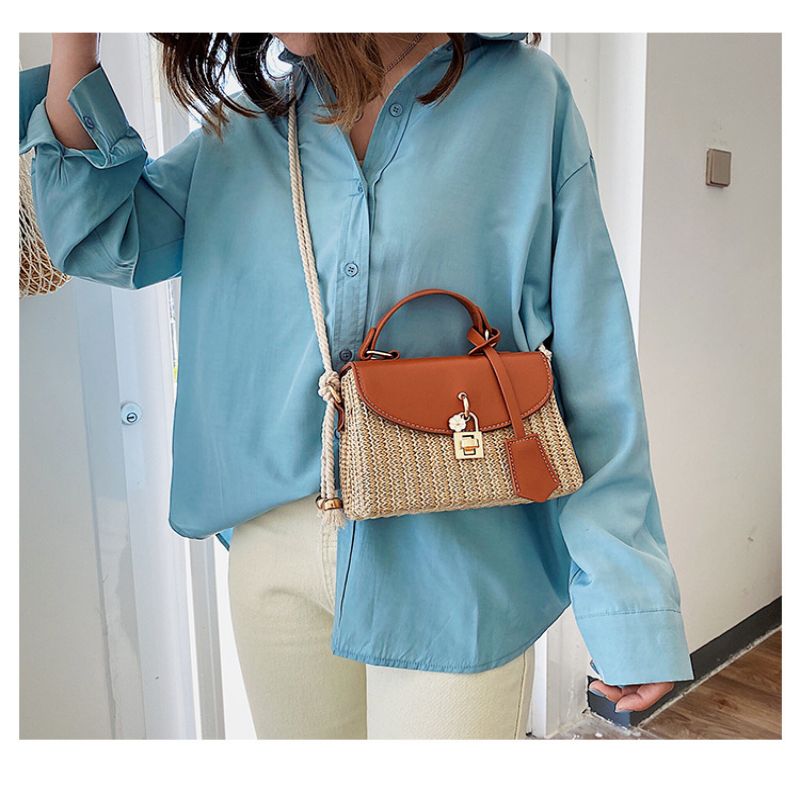 Tajade Messenger PU Leather Strap Hand Lock Chain Square Straw Bag