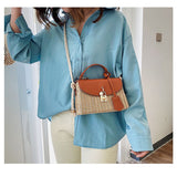 Tajade Messenger PU Leather Strap Hand Lock Chain Square Straw Bag