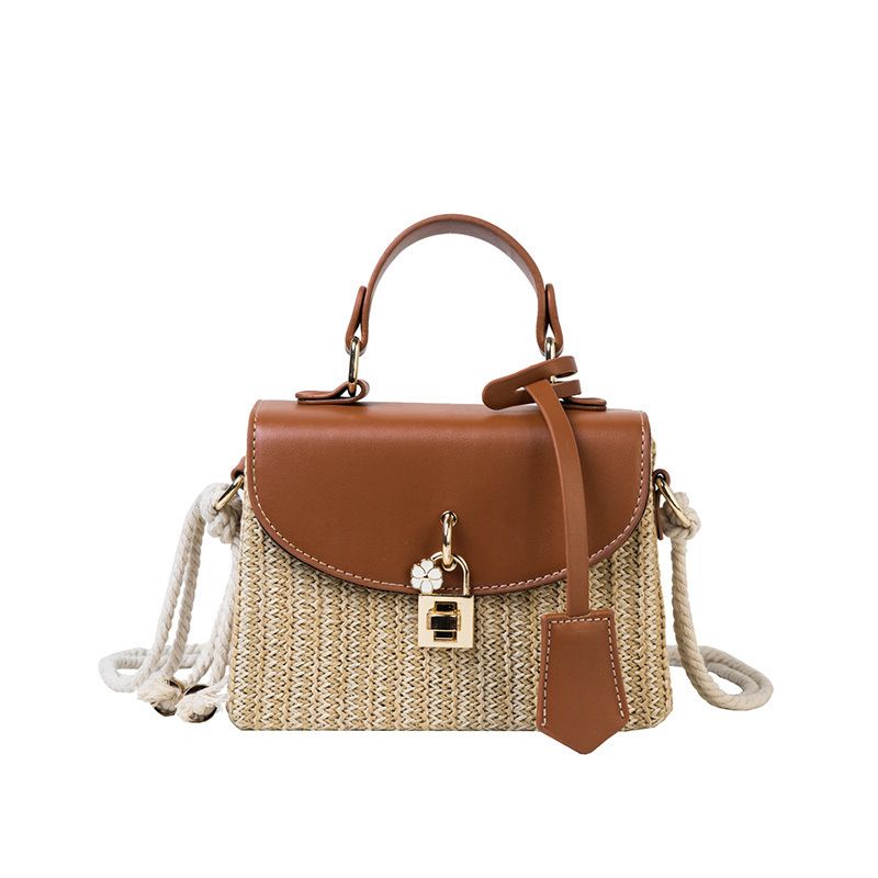 Tajade Messenger PU Leather Strap Hand Lock Chain Square Straw Bag