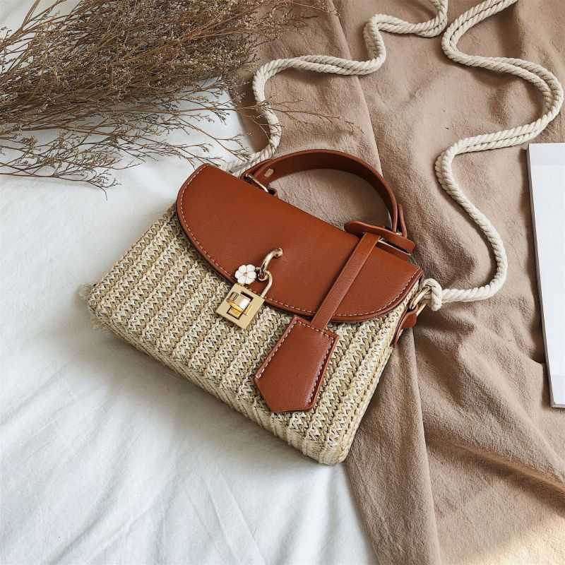 Tajade Messenger PU Leather Strap Hand Lock Chain Square Straw Bag