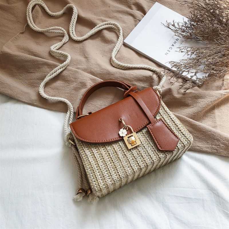 Tajade Messenger PU Leather Strap Hand Lock Chain Square Straw Bag