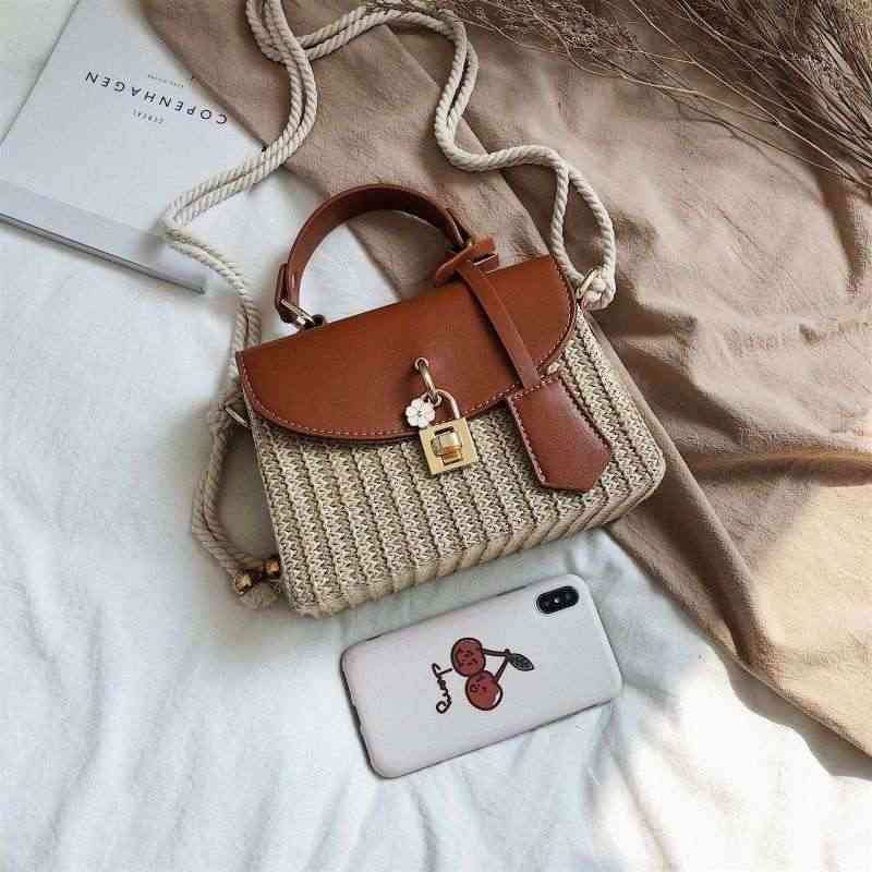 Tajade Messenger PU Leather Strap Hand Lock Chain Square Straw Bag