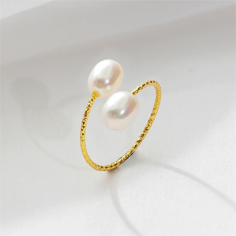 Tajade Rice Shaped Freshwater Pearl Ring Double Pearl Open Design White 5-6mm