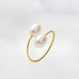 Tajade Rice Shaped Freshwater Pearl Ring Double Pearl Open Design White 5-6mm
