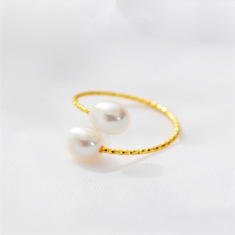 Tajade Rice Shaped Freshwater Pearl Ring Double Pearl Open Design White 5-6mm