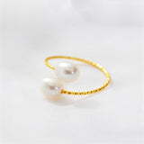 Tajade Rice Shaped Freshwater Pearl Ring Double Pearl Open Design White 5-6mm