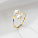 Tajade Rice Shaped Freshwater Pearl Ring Double Pearl Open Design White 5-6mm