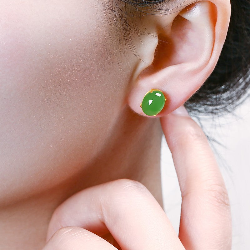 Hetian Jade 18k Gold Inlaid Jasper Green Stud Earrings-Tajade