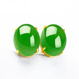 Hetian Jade 18k Gold Inlaid Jasper Green Stud Earrings-Tajade